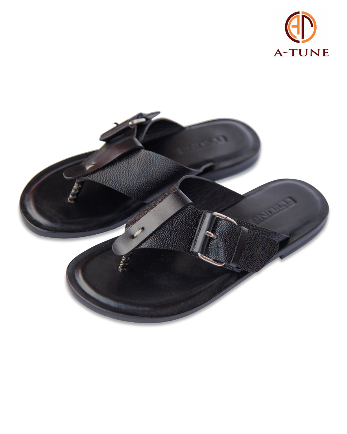 KNF  2-TONE BLACK LEATHER  BUCKLE SLIPPERS