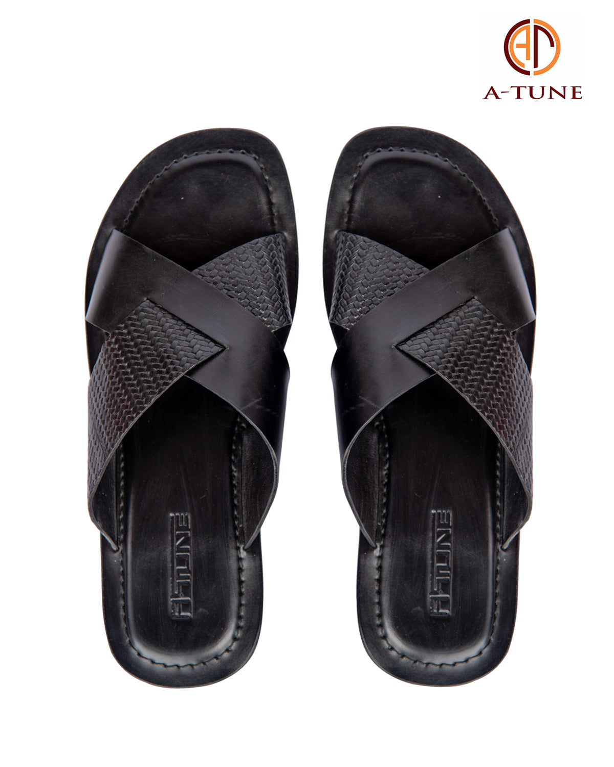 KNF 2-TONE BLACK LEATHER CROSS SLIPPERS