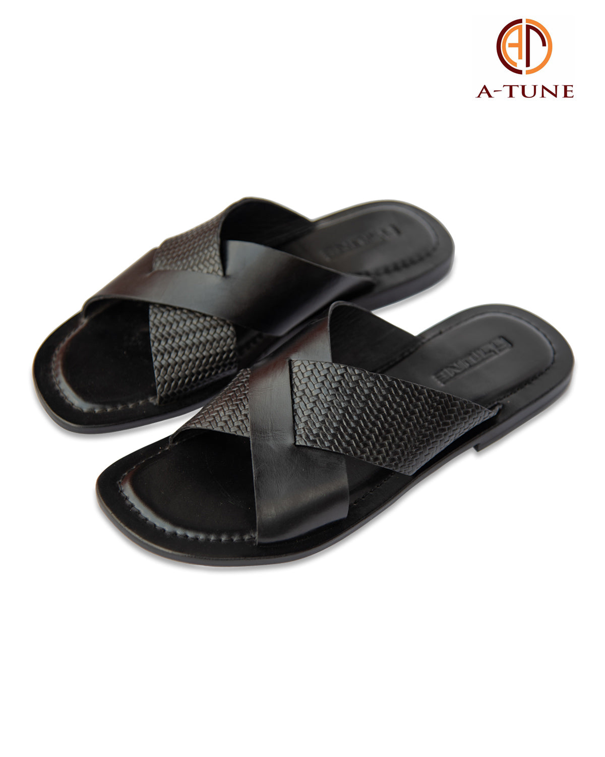 KNF 2-TONE BLACK LEATHER CROSS SLIPPERS