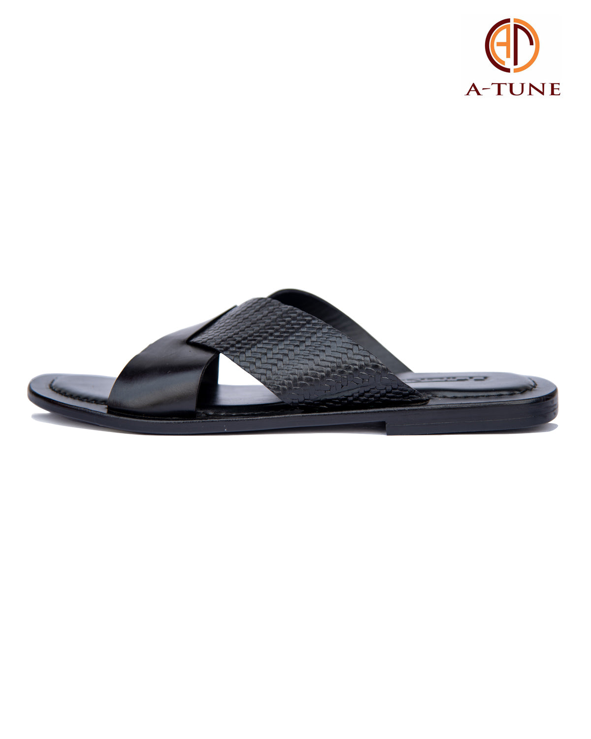 KNF 2-TONE BLACK LEATHER CROSS SLIPPERS