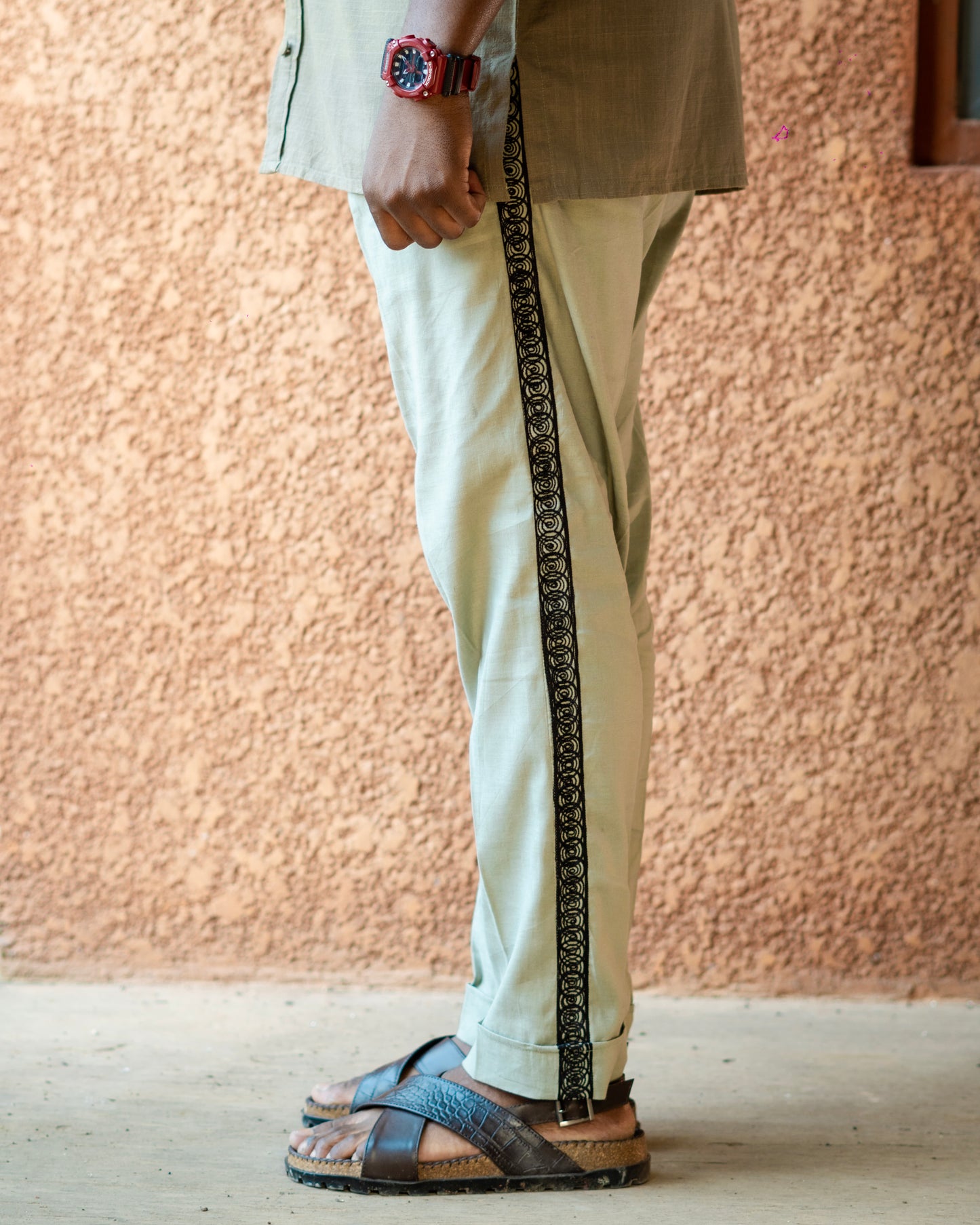 KNF OLIVE-GREEN EMBROIDERED LINEN PANTS