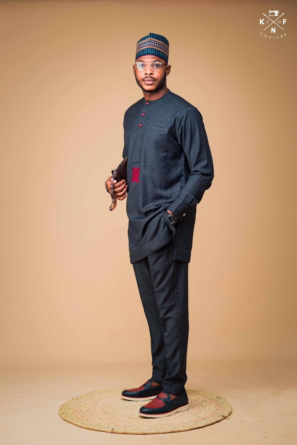 KNF DARK ASH KAFTAN WITH EMBROIDERY BENEATH PLACKET