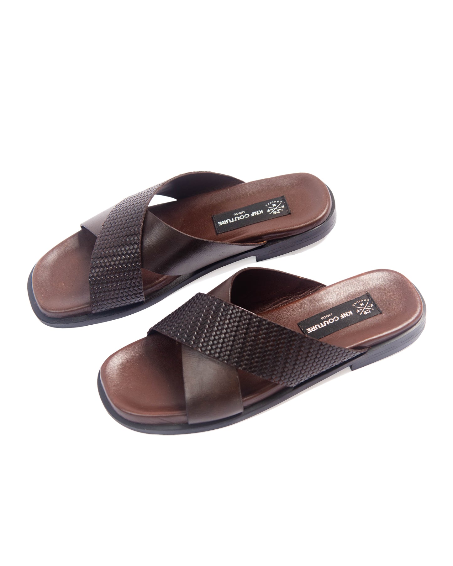 KNF 2-TONE BROWN LEATHER CROSS SLIPPERS