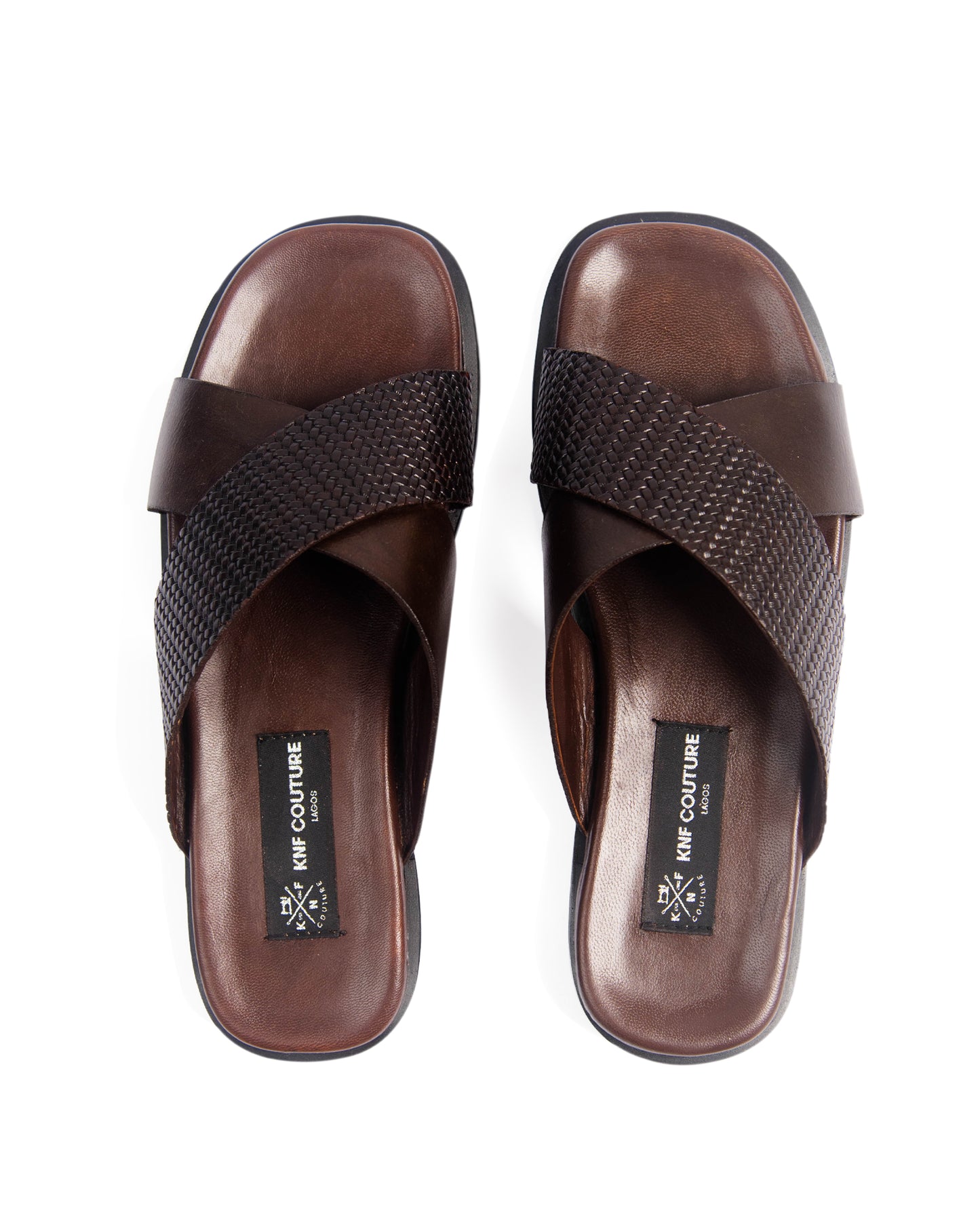 KNF 2-TONE BROWN LEATHER CROSS SLIPPERS