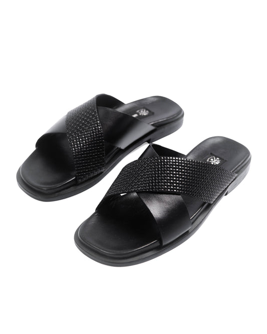 KNF 2-TONE BLACK LEATHER CROSS SLIPPERS