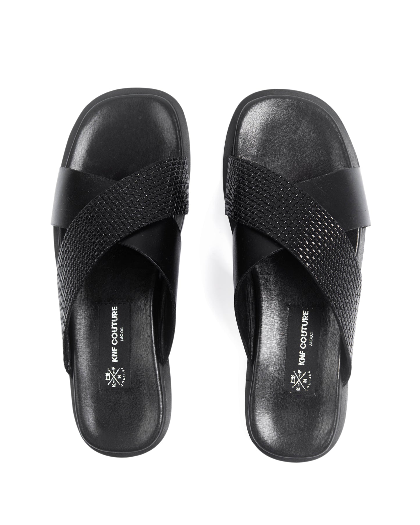 KNF 2-TONE BLACK LEATHER CROSS SLIPPERS