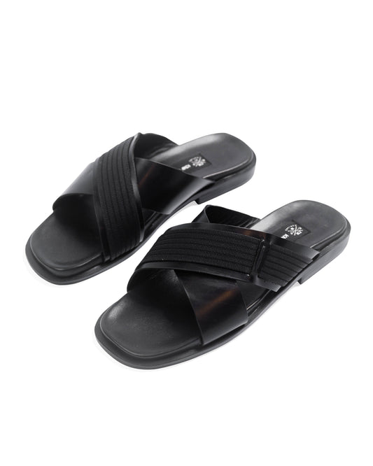 KNF  BLACK LEATHER CROSS SLIPPERS