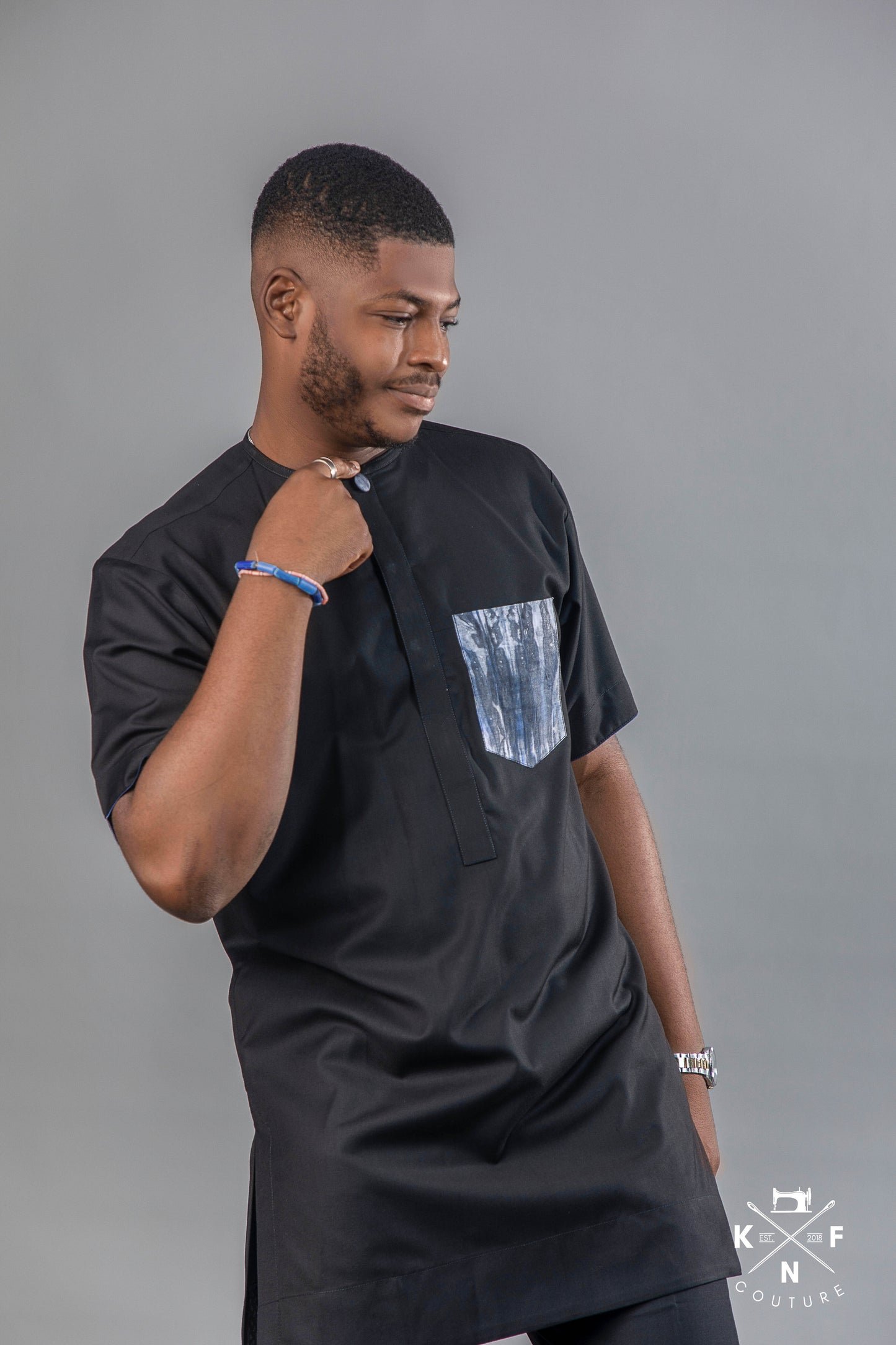 KNF BLACK "ADIRE POCKET" KAFTAN